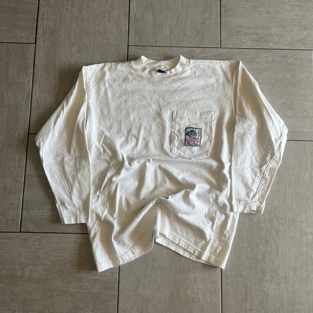 Ever Blue Long Sleeve Pocket Tee White Vintage Graphic Made in USA Size 20x25.5